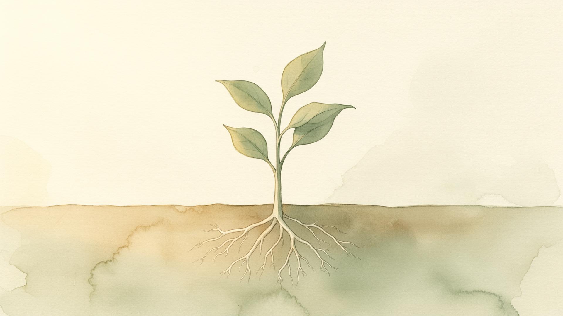 Soft illustration of a young plant with delicate roots, symbolizing growth and resilience